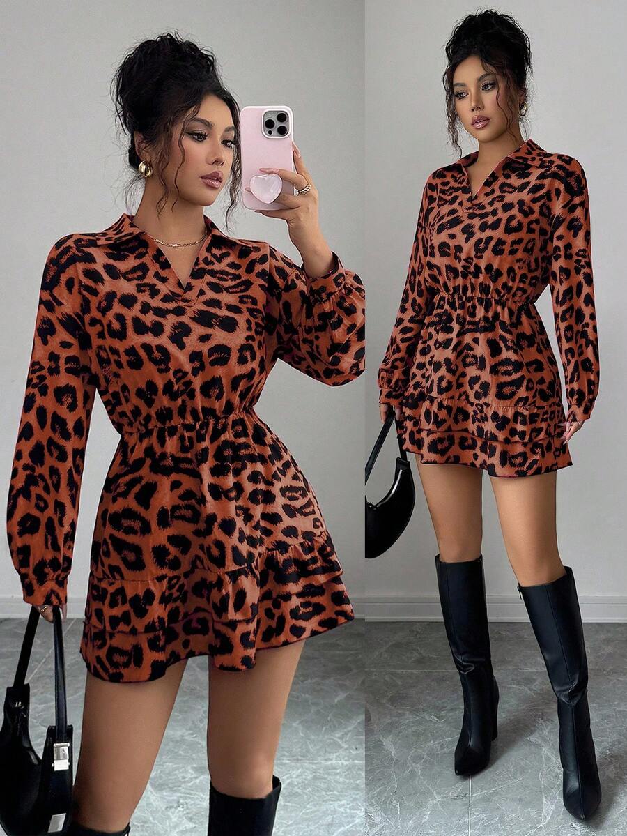 Elenzga Fashionable Commuter Leopard Print Ruffle Hem Long Sleeve Mini Dress - Rust Brown - View 1