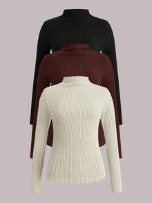 SHEIN LUNE 3件套纯色基础款修身舒适柔软T恤，适合秋冬季休闲叠穿。 - 咖啡棕 - 查看 12