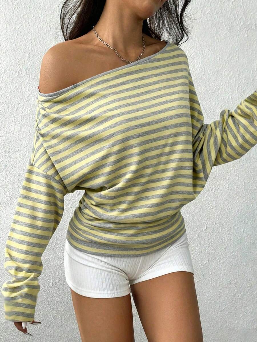 SHEIN EZwear 女式宽松条纹不对称肩长袖休闲运动衫 - 黃色 - 查看 1