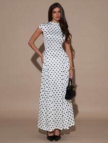 SHEIN BAE Đầm xòe cổ đứng họa tiết chấm bi thanh lịch dành cho nữ - trắng - Xem 3