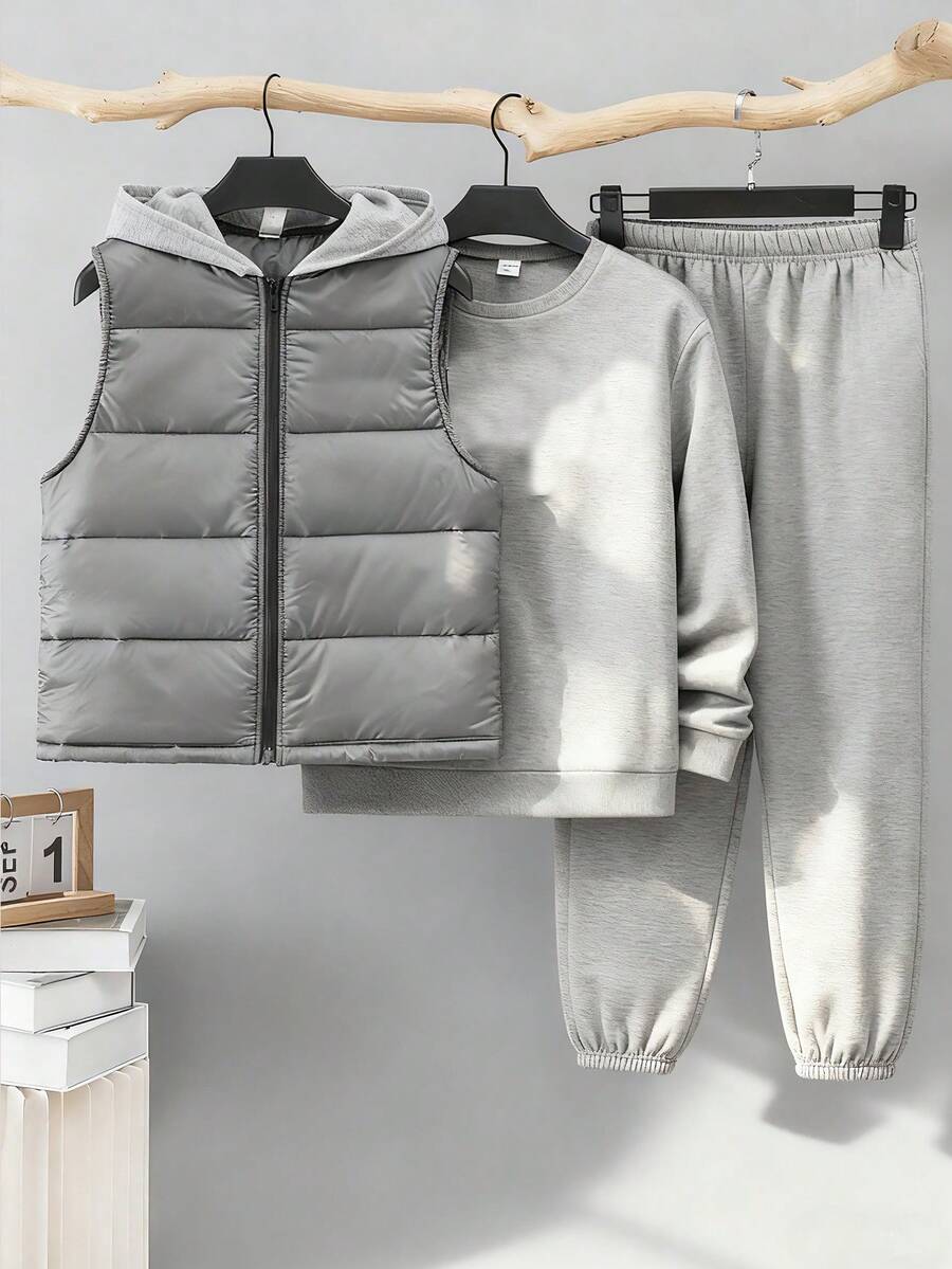 3pcs Kids/Tween Boys Casual Crew Neck Loose Knit Sweatshirt, Knit Pants, Quilted Padded Coat, Sleeveless Woven Vest, 3-Piece Outfit Set Suitable For School, Garden, Beach, Birthday, Spring, Summer, Autumn, Winter - Light Grey - View 1