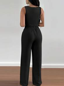 INAWLY Set de 2 piezas elegante de vacaciones - Camiseta de cuello redondo + Pantalones con cordón calado, informal para mujer - Negro - Ver 2