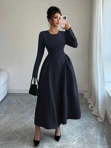 Elenzga Đầm Maxi Tay Dài Cổ Vuông Xếp Ly Eo Phong Cách Pháp Lãng Mạn Cổ Điển Dễ Thương Cho Nữ, Phong Cách Đường Phố, Đi Làm, Tiệc Trà Chiều, Lễ Tạ Ơn, Trở Lại Trường, Xuân/Thu/Đông - Màu xanh hải quân - Xem 3