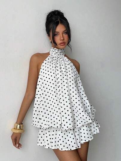 Aloruh Women's Elegant Polka Dot Print Halter Backless Mini Dress,Dresses For Women Elegant,New Year Dress ,Elegant Party Dresses,Dresses For Women Elegant