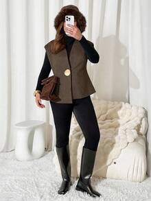 Auralis Plus Size Solid Color Minimalist Sleeveless Vest/Winter Office Old Money - Khaki - View 8