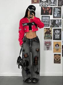 SHEIN PETITE Women's Streetwear Printed Motorcycle Short Jacket - Red - View 5