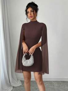 Elenzga Mini Bodycon Dress With Stand Collar Cape, Solid Color - Brown - View 5