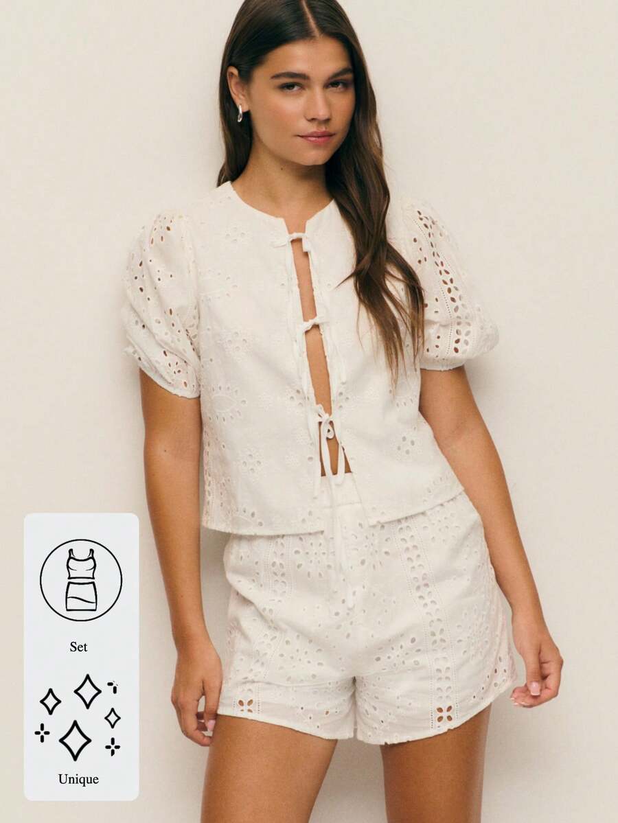 Nöista Off-White Summer Elegant Vacation Holiday Broderie Anglaise Crop Top & High-Waist Eyelet Shorts Set,Cotton Puff Sleeve Tie-Front Top 2pcs Outfit - White - View 1