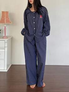DAZY 条纹樱桃图案褶皱灯笼袖女士睡衣套装，冬季服装 - 藏蓝色 - 查看 4