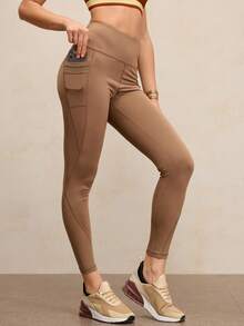 Activina Women's Mesh Patchwork Breathable Solid Color Elastic Sports Leggings Brown Compression Leggings - Brown - View 3