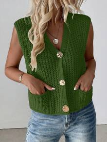 EMERY ROSE New V-Neck Ribbed Knit Cardigan Vest, Fashionable And Elegant Women Apparel - Army Green - View 6