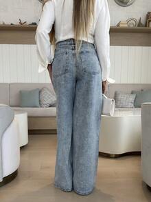 Cioccolato 女士水钻装饰低腰阔腿蓝色牛仔裤，Y2K 音乐节 - 淺色水洗藍 - 查看 2