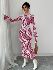 Elenzga Women's Contrast Color Pattern Flare Sleeve Fitted Knit Dress - Burgundy - View 5