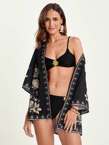 CAJUNI 女士休闲印花喇叭袖宽松开衫，春秋季