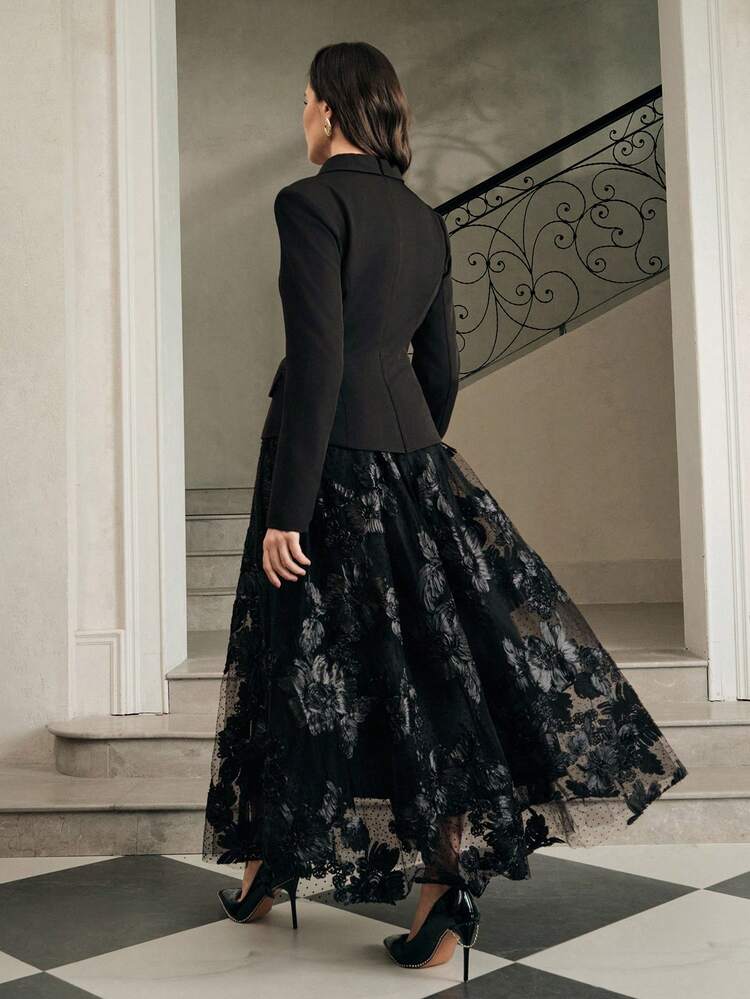 Women's Long Sleeve Floral Patchwork Chiffon Elegant Dress