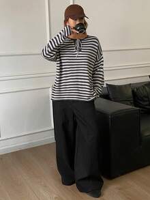 DAZY Suéter holgado de punto casual con cordón y mangas largas con rayas de contraste para mujer, otoño/invierno - Gris - Ver 4