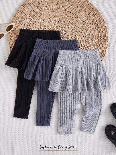 Cozy Pixies Conjunto de 3 piezas de leggings gruesos de 2 en 1 con cintura elástica y dobladillo con volantes, de unicolor suave y tejido, adecuado para el invierno, para niñas pequeñas