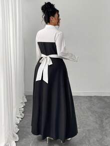 SHEIN Elenzya 女式拼接系带领长袖优雅连衣裙 - 黑與白 - 查看 2