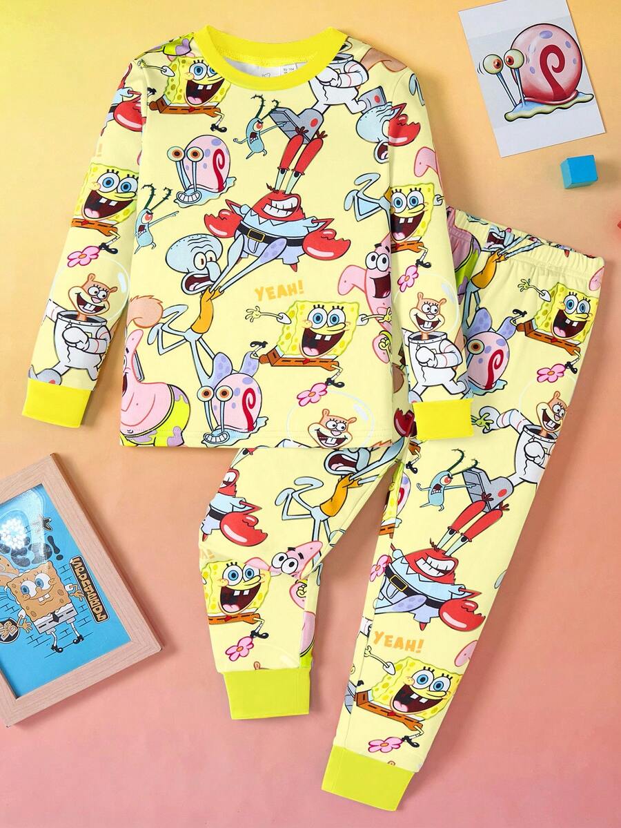 SpongeBob SquarePants | SHEIN 2pcs/Set Young Boy Cartoon Pattern Crew Neck Long Sleeve Top And Pants Knit Casual Stretchy Pajama Set - Yellow - View 1
