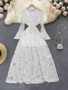 EMERY ROSE Vestido longo feminino branco de malha com renda, manga comprida, decote redondo, estilo casual e formal. Elegante. - Branco - Ver 3