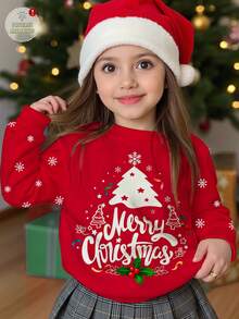 SHEIN Happikins Merry Christmas Red Sweatshirt For Young Girls,Autumn Party Warm Knit Pullover With Christmas Tree,Star,Cartoon,Reindeer,Loose Fit Crew Neck - Multicolor - View 1