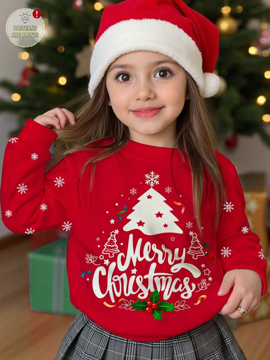 SHEIN Happikins Merry Christmas Red Sweatshirt For Young Girls,Autumn Party Warm Knit Pullover With Christmas Tree,Star,Cartoon,Reindeer,Loose Fit Crew Neck - Multicolor - View 1