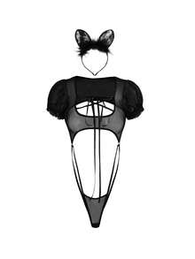 Fantasy Costume Women's Sheer Sexy Black Short Sleeve Costume - Black - View 10