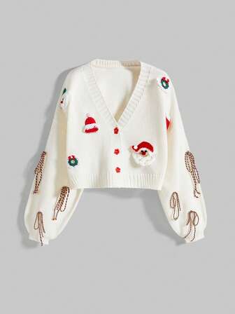 Women's Casual V-Neck Christmas Santa Claus Bow Knitted Oversized Long Sleeve Cardigan Sweater