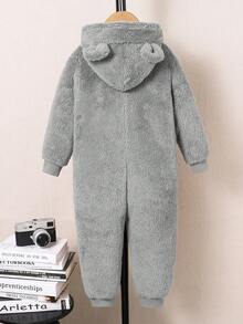 SHEIN Kids Boy Cute Bear Embroidered Cartoon Hooded Long Sleeve Jumpsuit, Casual Romper Suitable For School, Garden, Beach, Birthday, Spring, Summer, Autumn, Winter,Thanksgiving,Christmas,Winter,Winter Clothes,Cozy Fall & Winter Styles,Hoodie - Grey - View 2