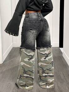 BamGleam Celana Jeans Wanita Model Lebar dengan Motif Kamuflase Patchwork dan Detail Rusak - Dark Grey - View 4