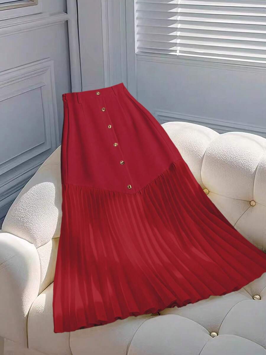 SHEIN LUNE Elegant Solid Color Button Pleated Skirt, Spring/Summer - Red - View 1