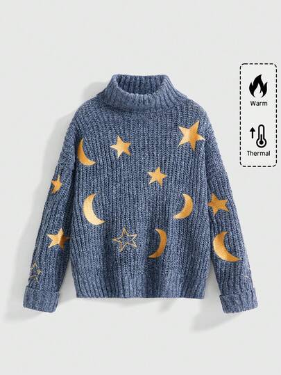 Fairycore Suéter holgado de punto con bordado de estrellas y lunas, estilo "Fairy Core" para tallas grandes, moda casual de otoño/invierno con cuello alto para mujeres