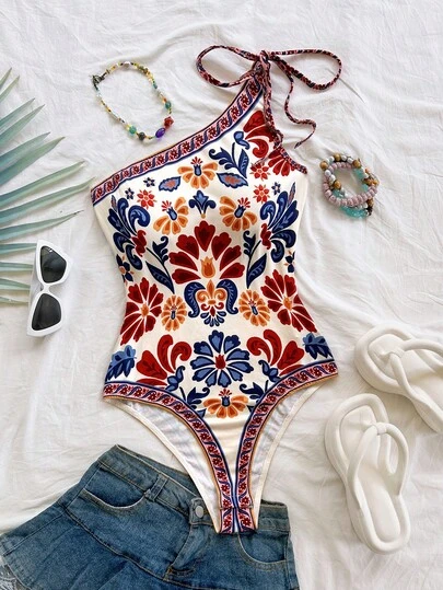 Soleia 新款女士度假针织印花不对称肩部蝴蝶结连体衣