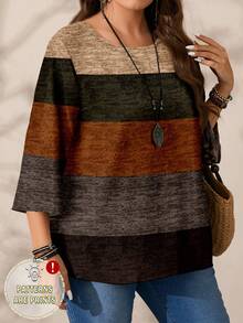 EMERY ROSE Plus Size Women Casual All-Over Print Round Neck Loose 3/4 Sleeve Shirt, ,Flower/Spring/Summer/Vacation - Multicolor - View 6