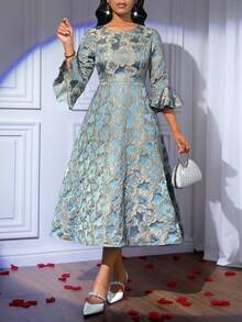 SHEIN Lady فستان أنيق للنساء بأكمام واسعة وطبعات جاكارد متوسط الطول