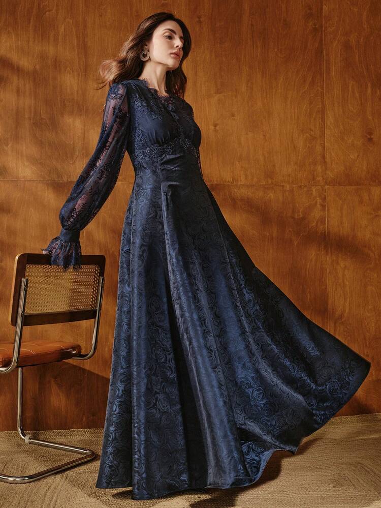 Women's New Lace Floral Beaded Long Sleeve A-Line Dress, Elegant, Navy Blue, Suitable For Autumn, Winter, Spring And Summer