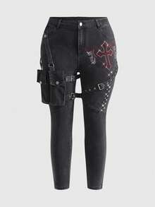 ROMWE Plus Size Gothic Style Asymmetric Cargo Pocket Strap Cross Angel Wing Rhinestone Distressed Vintage Denim Jeans, Autumn/Winter Plus Size Street Casual Long Pants - Black - View 1