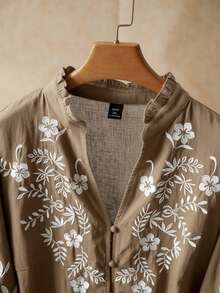 Elaquor 大码立领荷叶边纽扣前襟休闲百搭衬衫 - 卡其色 - 查看 3