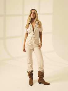 Aralina Women's Solid Color Short Sleeve Zipper Front Multi-Pocket Casual Jumpsuit - Beige - View 9