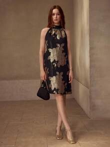 MOTF PREMIUM WOMEN'S ELEGANT JACQUARD TIE BACK HALTER NECK SHORT DRESS - Black and Gold - View 1