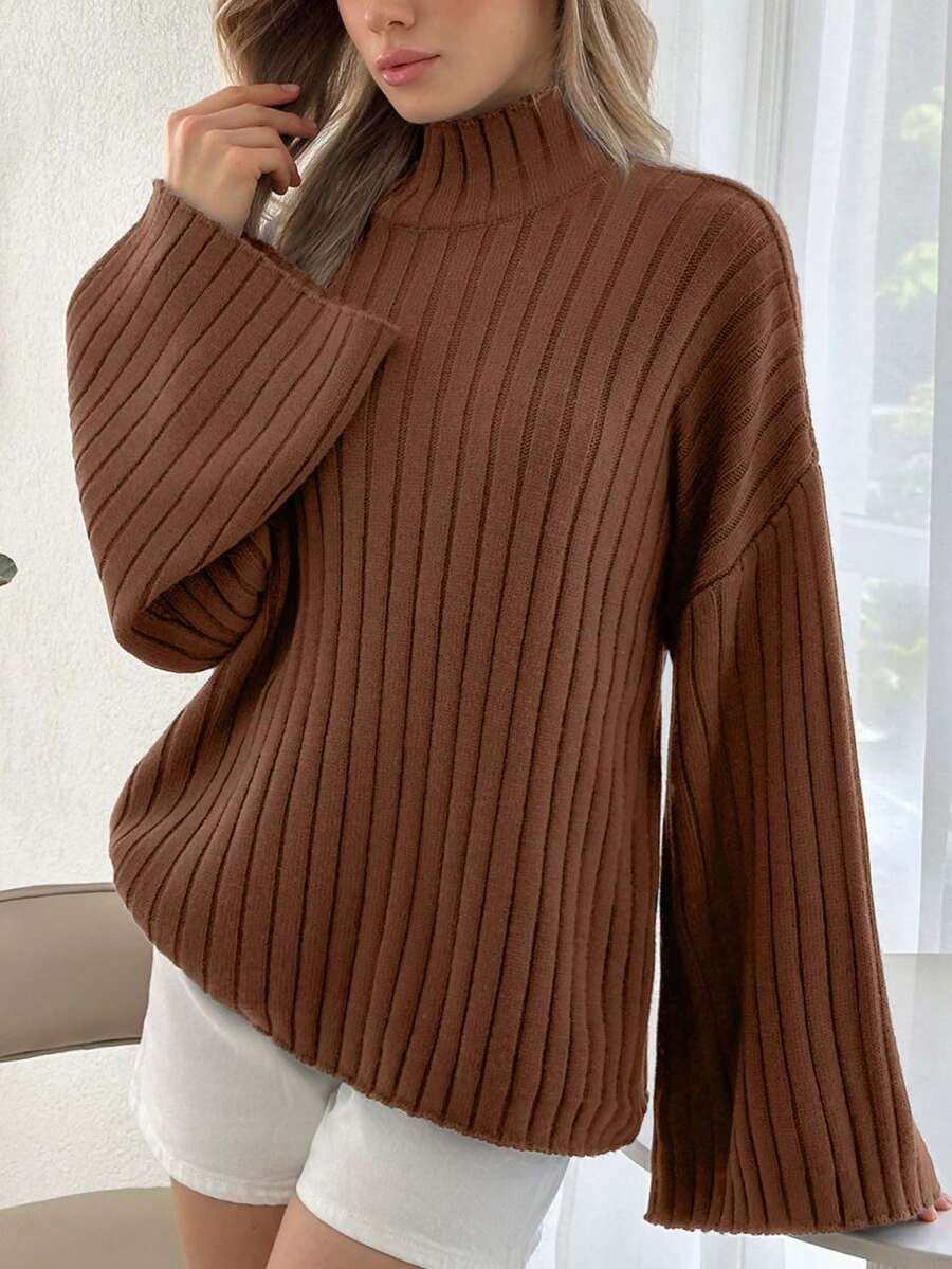 EURMUSE Women High Neck Flare Sleeve Rib Knit Comfy Sweater Pullover - Brown - View 1