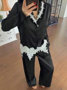 DAZY Charming Satin Contrast Color Lace Trim Decorated Women Pajama Set, Winter Clothes