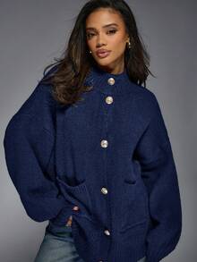 MISSGUIDED Cárdigan de punto con botones y herrajes dorados, cuello alto, manga larga, holgado, acogedor para otoño e invierno - Azul Marino - Ver 4