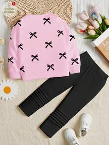 SHEIN Leap Crew 两件套少女休闲波点蝴蝶结装饰圆领长袖卫衣和打底裤套装，时尚秋冬装 - 彩色 - 查看 3