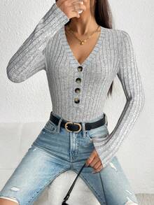 SHEIN PETITE 女式休闲纯色罗纹V领长袖紧身衣 - 淺灰色 - 查看 5