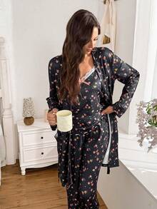 SHEIN 3pcs Women Ditsy Floral Sleepwear Set - Camisole, Pants, And Robe - Multicolor - View 3