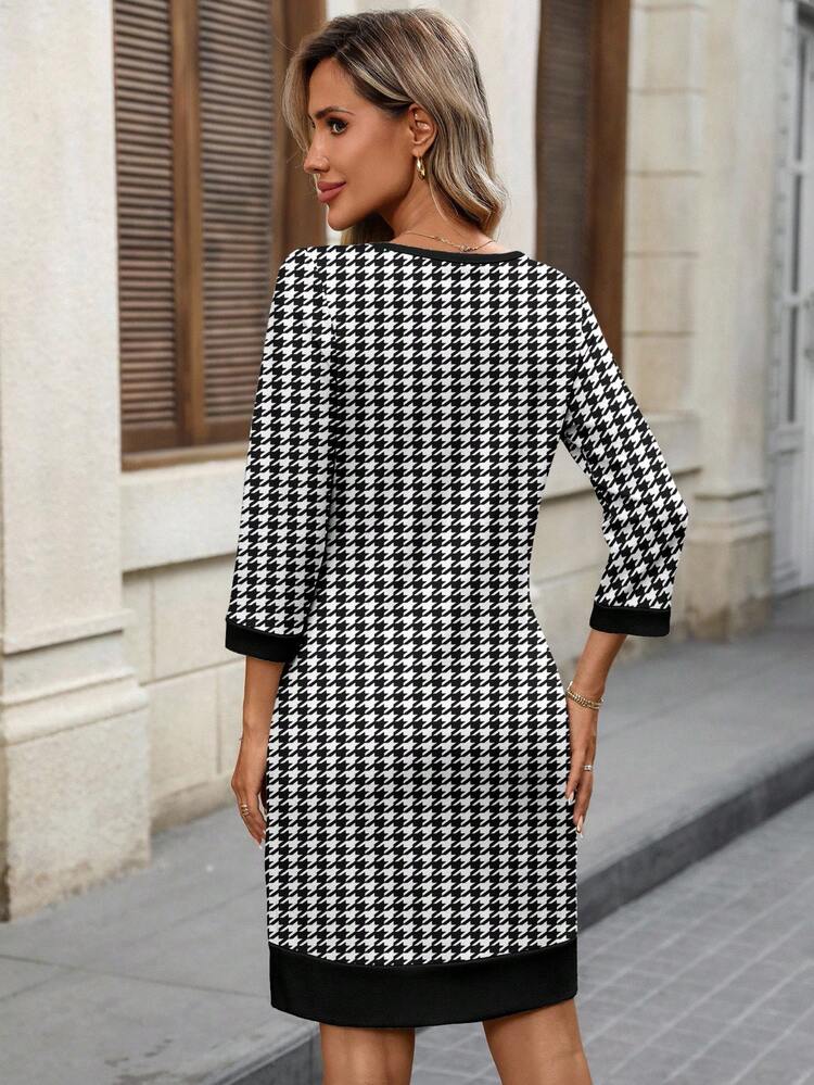 Women's Autumn/Winter Fashion Short Casual Dress, Minimalist Houndstooth Pattern,Casual