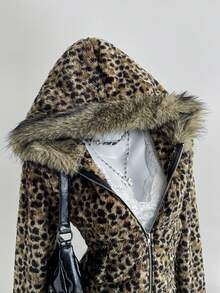 Elamini 女士咖啡色双面抓绒鹿斑豹纹拼接人造毛领长袖修身口袋拉链连帽卫衣，时尚百搭，适合通勤、休闲外出、上学、上班、约会以及秋冬季日常穿着。