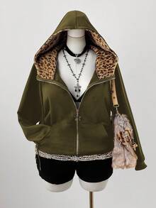 Sunspun 大码时尚骷髅豹纹印花长袖金属拉链卫衣 - 軍綠色 - 查看 4