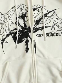 ROMWE MEN Street Life 男士撞色字母蜘蛛印花宽松拉链连帽卫衣，长袖上衣 - 杏色 - 查看 4